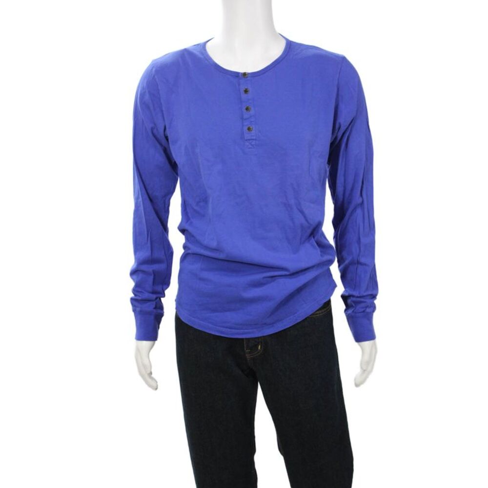 Earnest Sewn Mens Blue Cotton Long Sleeve T-Shirt Round Neck Button Size 3